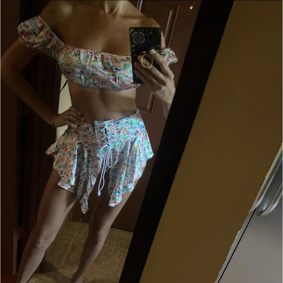 Neon Tropical City Print Off Shoulder Top & Tiered Lace-Up Skirt Swim Suit Set - Picture 9 of 10